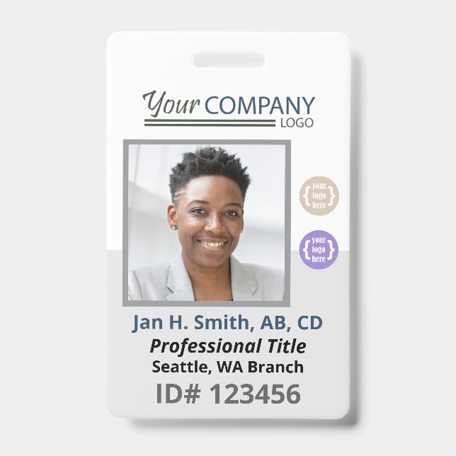 Blue-Gray White Employee Photo ID, Logo & QR Code Badge (Front)