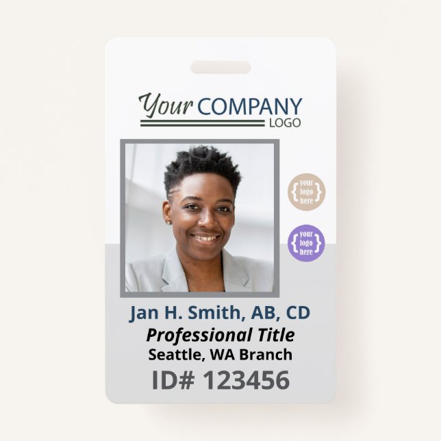 Blue-Gray White Employee Photo ID, Logo & QR Code Badge (Front)