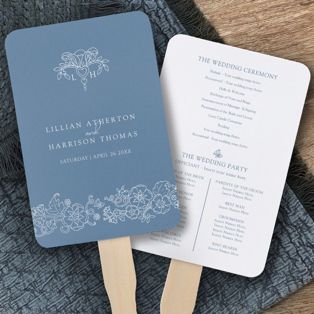 Blue gray white fleur de lis art wedding program hand fan (Creator Uploaded)