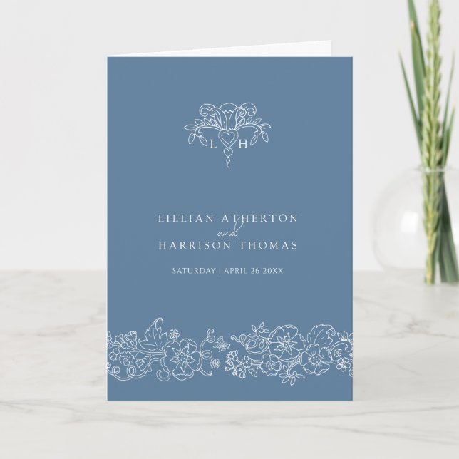 Blue gray white fleur de lis monogram art wedding program (Front)