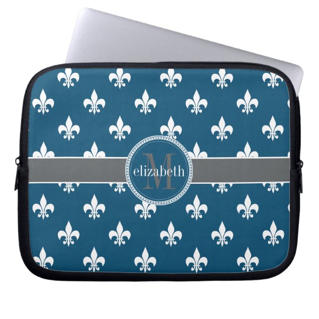 Blue Gray White Fleur de Lis Monogram Laptop Sleeve (Front)
