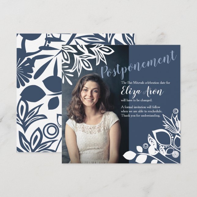 Blue-Gray White Flowers Announcement Card (Front/Back)