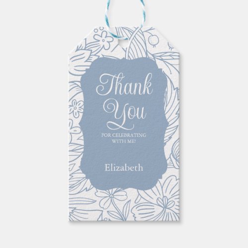 Blue Gray White Frame Floral Birthday Thank You Gift Tags