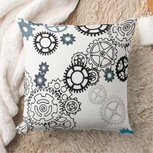 Blue Gray White Gear Pattern for Boys Room Decor F Throw Pillow