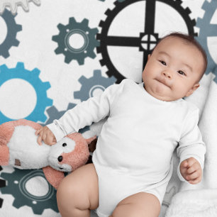 Blue Gray White Gear Pattern for Boys Room Decor Fleece Blanket