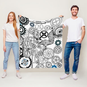 Blue Gray White Gears Steampunk Boys Decor Fleece