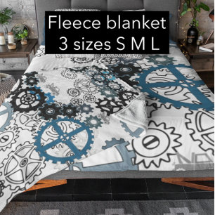 Blue Gray White Gears Steampunk Boys Decor Fleece Blanket