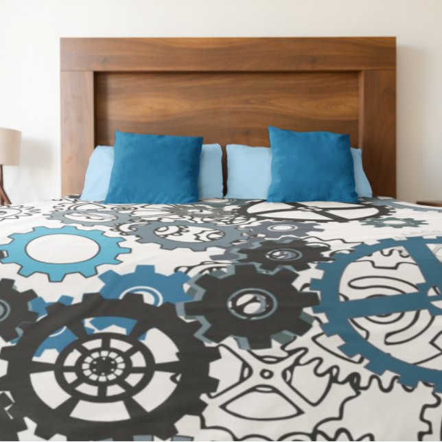 Blue Gray White Gears Steampunk Boys Decor Fleece Blanket (Creator Uploaded)