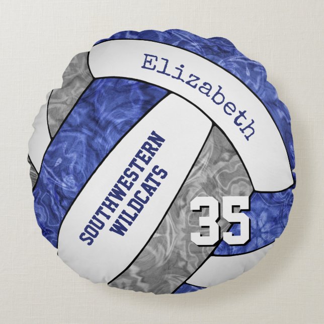 blue gray white girls volleyball team keepsake round pillow (Front)