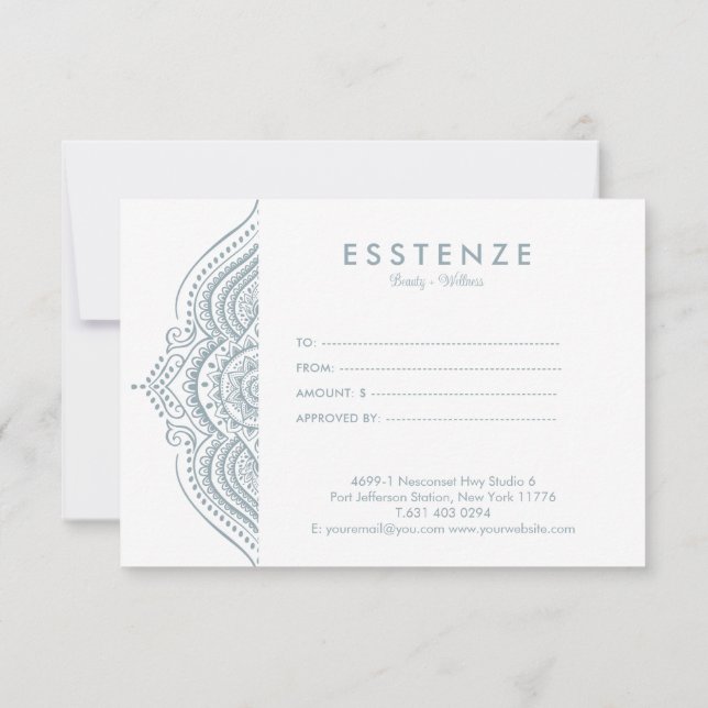 Blue-gray White Mandala Gift Certificate Design (Back)