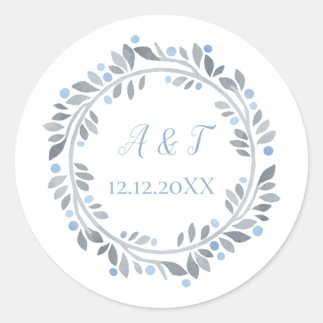 Blue Gray White Monogram Floral Wedding  Classic Round Sticker (Front)