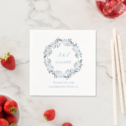 Blue Gray White Monogram Floral Wedding  Napkins