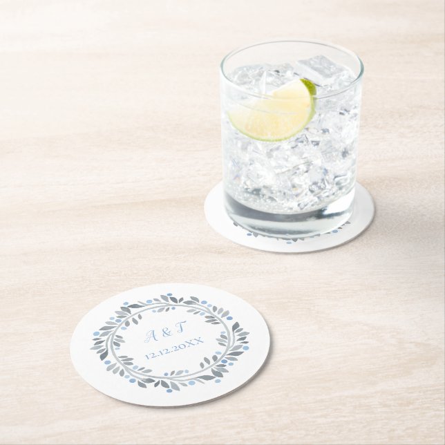 Blue Gray White Monogram Floral Wedding  Round Paper Coaster (Insitu)