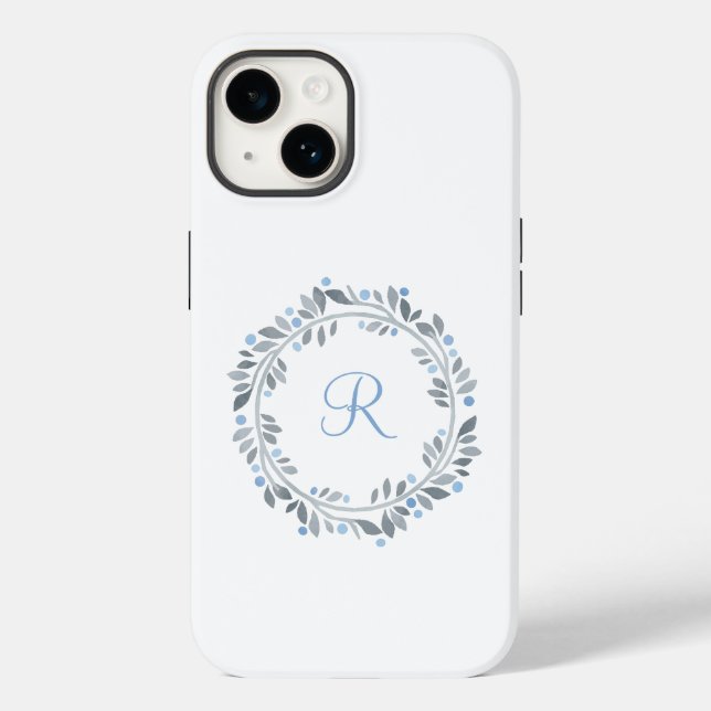 Blue Gray White Monogram Floral Wreath  Case-Mate iPhone Case (Back)