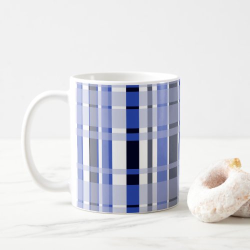 Blue gray white plaid stripes coastal coffee mug