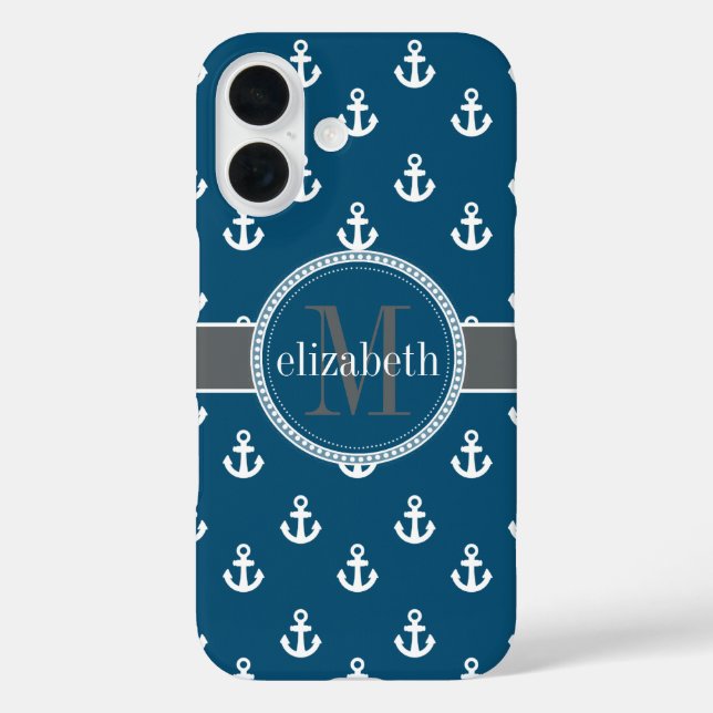 Blue Gray White Ship Anchors Monogram Case-Mate iPhone Case (Back)