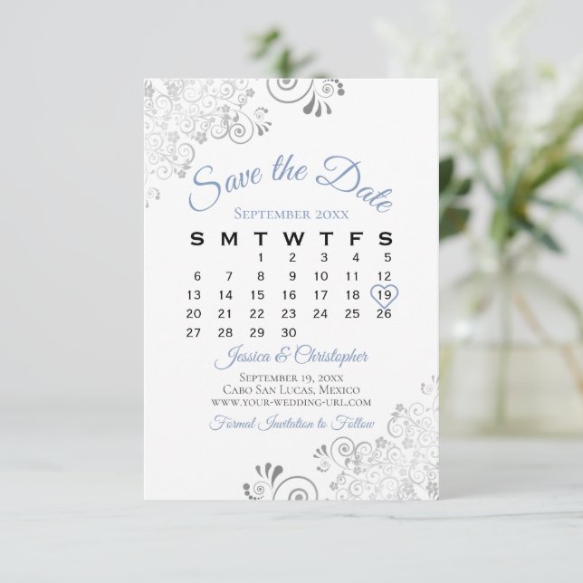Blue Gray & White Simple Elegant Wedding Calendar Save The Date (Standing Front)