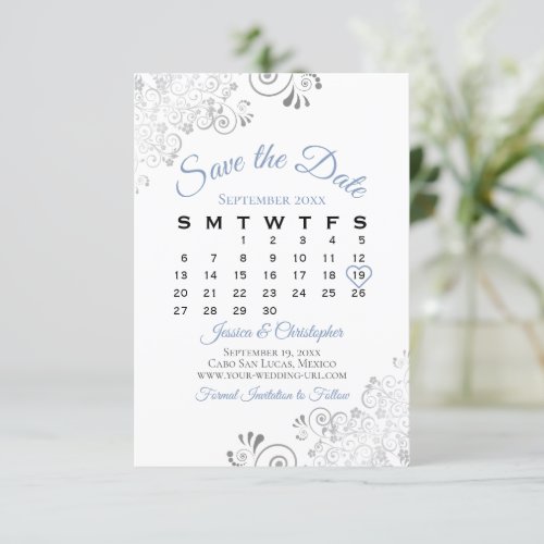 Blue Gray  White Simple Elegant Wedding Calendar Save The Date