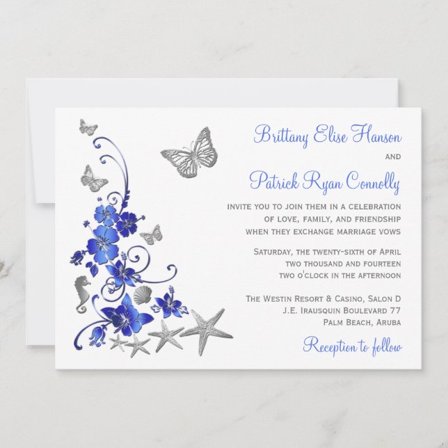 Blue, Gray, White Tropical Beach Wedding Invite (Front)