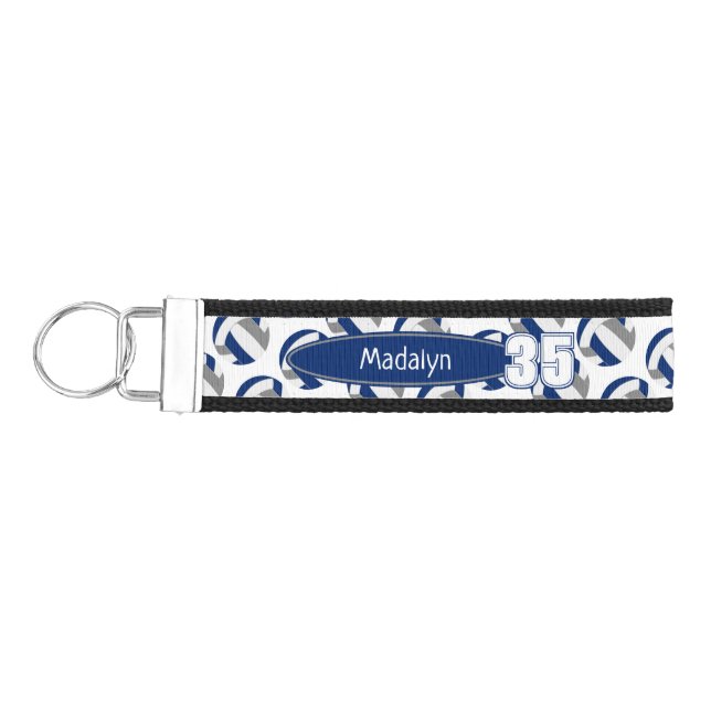 blue gray white volleyballs pattern athlete name wrist keychain (Keys on Left)