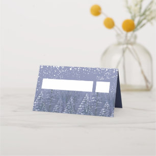 Blue gray white winter pine trees wedding escort place card