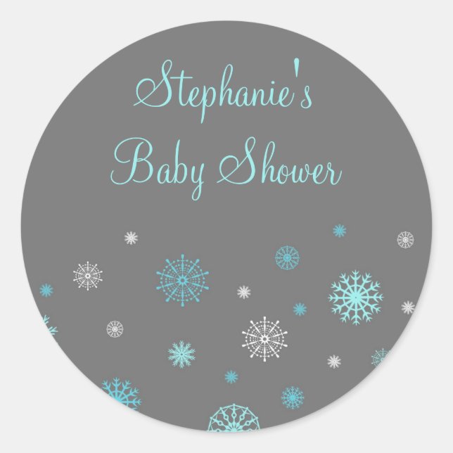 Blue Gray Winter Baby Shower Favor Stickers (Front)