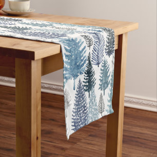 Blue Gray Winter Pine Trees Holiday Table Runner