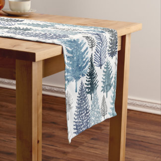 Blue Gray Winter Pine Trees Holiday Table Runner