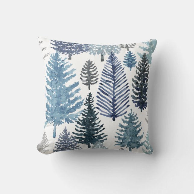 Blue Gray Winter Pine Trees Holiday Throw Pillow (Front)