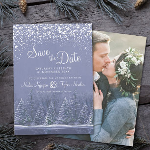 Blue gray winter trees lakeside photo wedding save the date