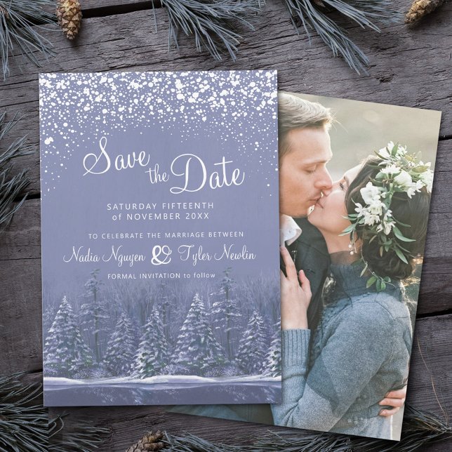 Blue gray winter trees lakeside photo wedding save the date (Creator Uploaded)