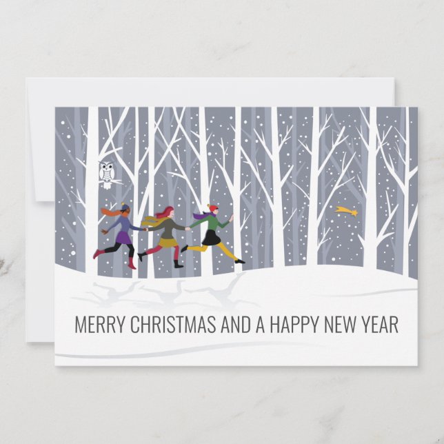 Blue Gray Wood Forest Winter Snowfall Christmas Ho Holiday Card (Front)