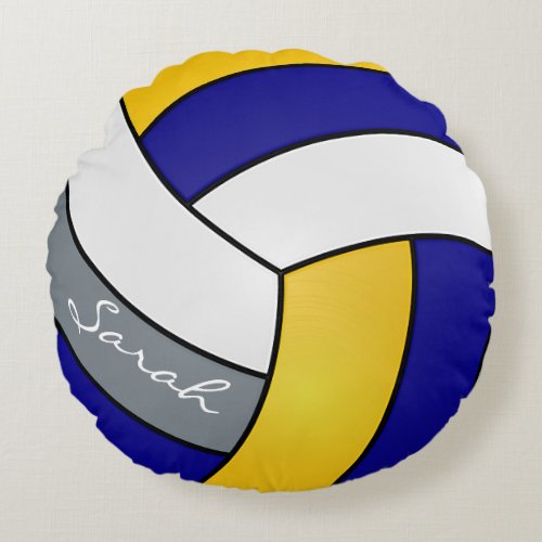 Blue Gray Yellow and White Volleyball  DIY Name Round Pillow
