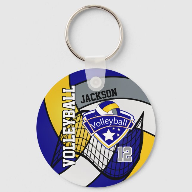 Blue, Gray, Yellow & White Volleyball 🏐 Design Keychain (Front)