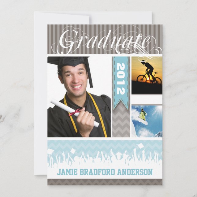 Blue & Gray Zig Zag Senior 3 Pictures Class of Announcement (Front)