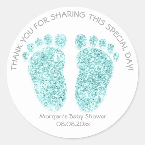 Blue GrayGlitter Feet Baby Shower Favor Gift Thank Classic Round Sticker