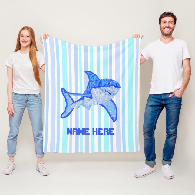 Blue Great White Shark Colorful Sea Stripes Fleece Blanket (In Situ)