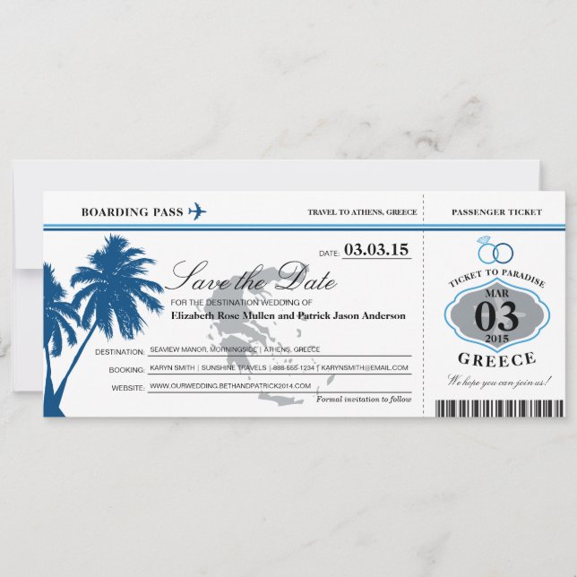 Blue Greece Boarding Pass Save the Date (Front)