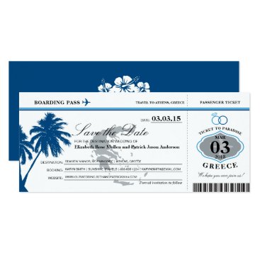 Blue Greece Boarding Pass Save the Date Card Blue Greece Boarding Pass Save the Date Card