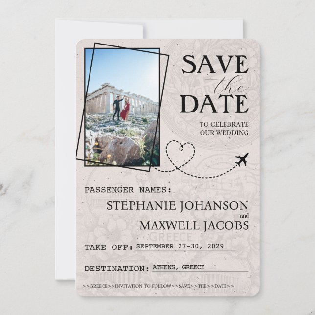 Blue Greece Seal Passport Save the Date Card (Back)