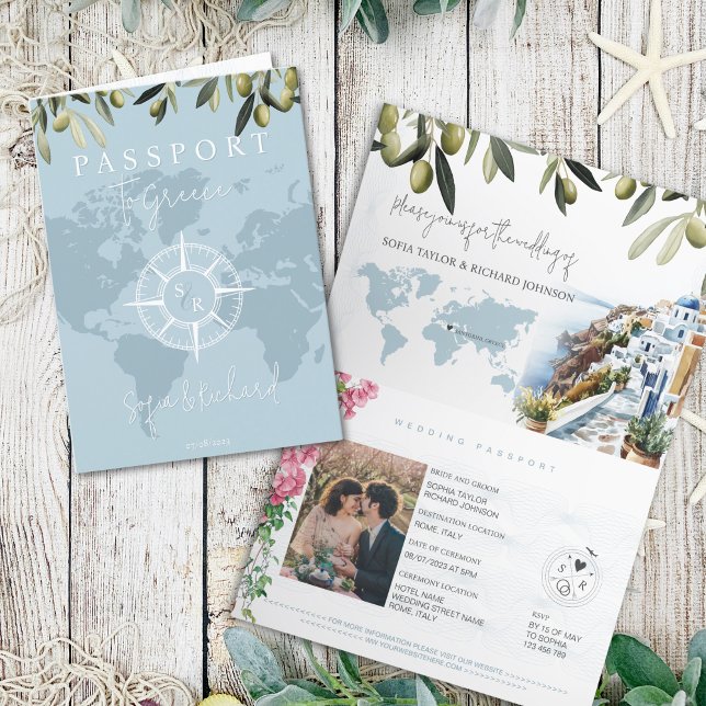 Blue Greece Wedding  Passport World Map Compass Invitation (greece passport wedding invitation with olive branches, bougenvilia and watercolor santorini illustr)
