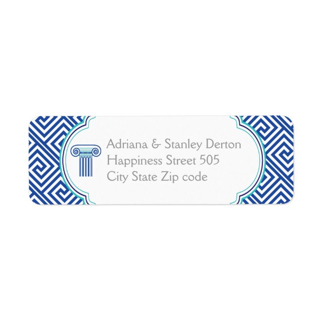 Blue Greek key and column Grecian wedding Label (Front)
