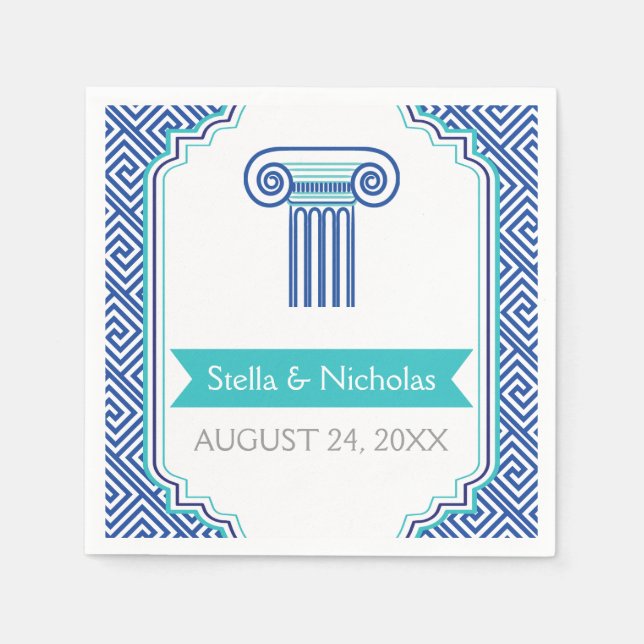 Blue Greek key and column Grecian wedding Napkins (Front)