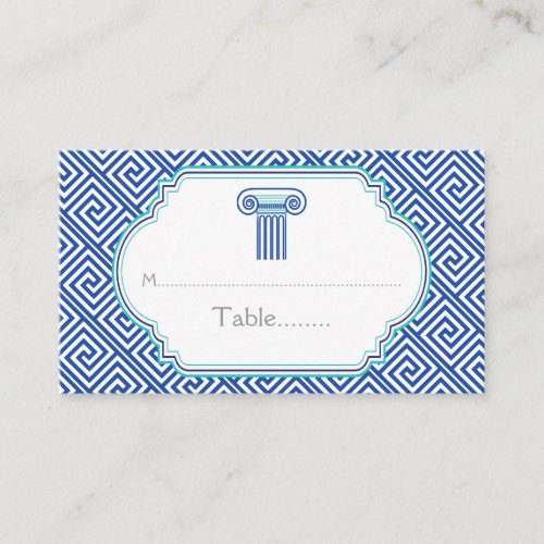 Blue Greek key and column wedding place card