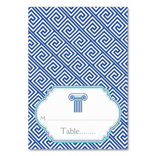 Blue Greek key and column wedding place card (Front)