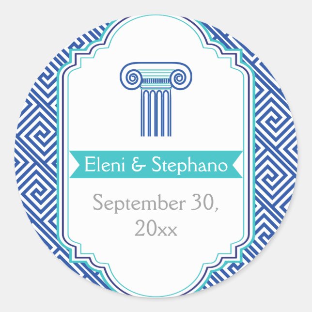 Blue Greek key and column wedding Save the Date Classic Round Sticker (Front)
