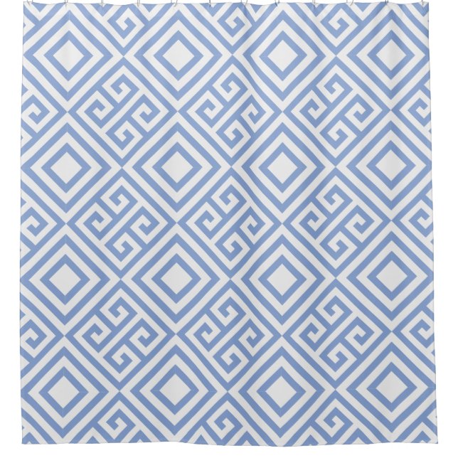 Blue Greek Key and Diamond Geometric Pattern Shower Curtain (Front)