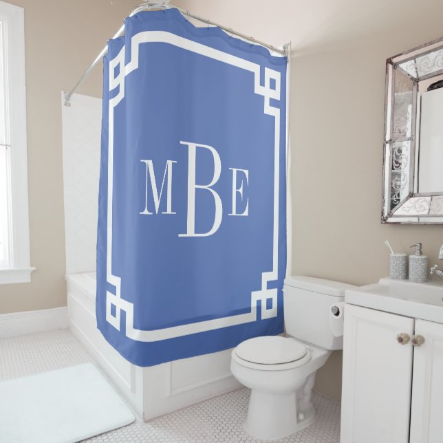 Blue Greek Key Border Monogram Shower Curtain (In Situ)