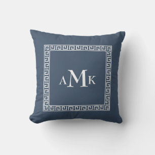 Blue Greek Key   Monogrammed Throw Pillow