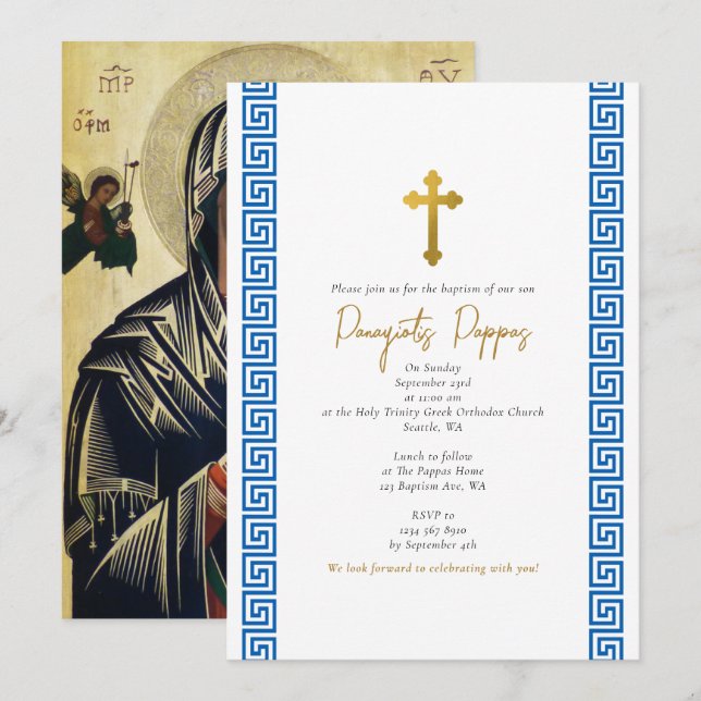 Blue Greek Key Orthodox Christening Boy Baptism Invitation (Front/Back)